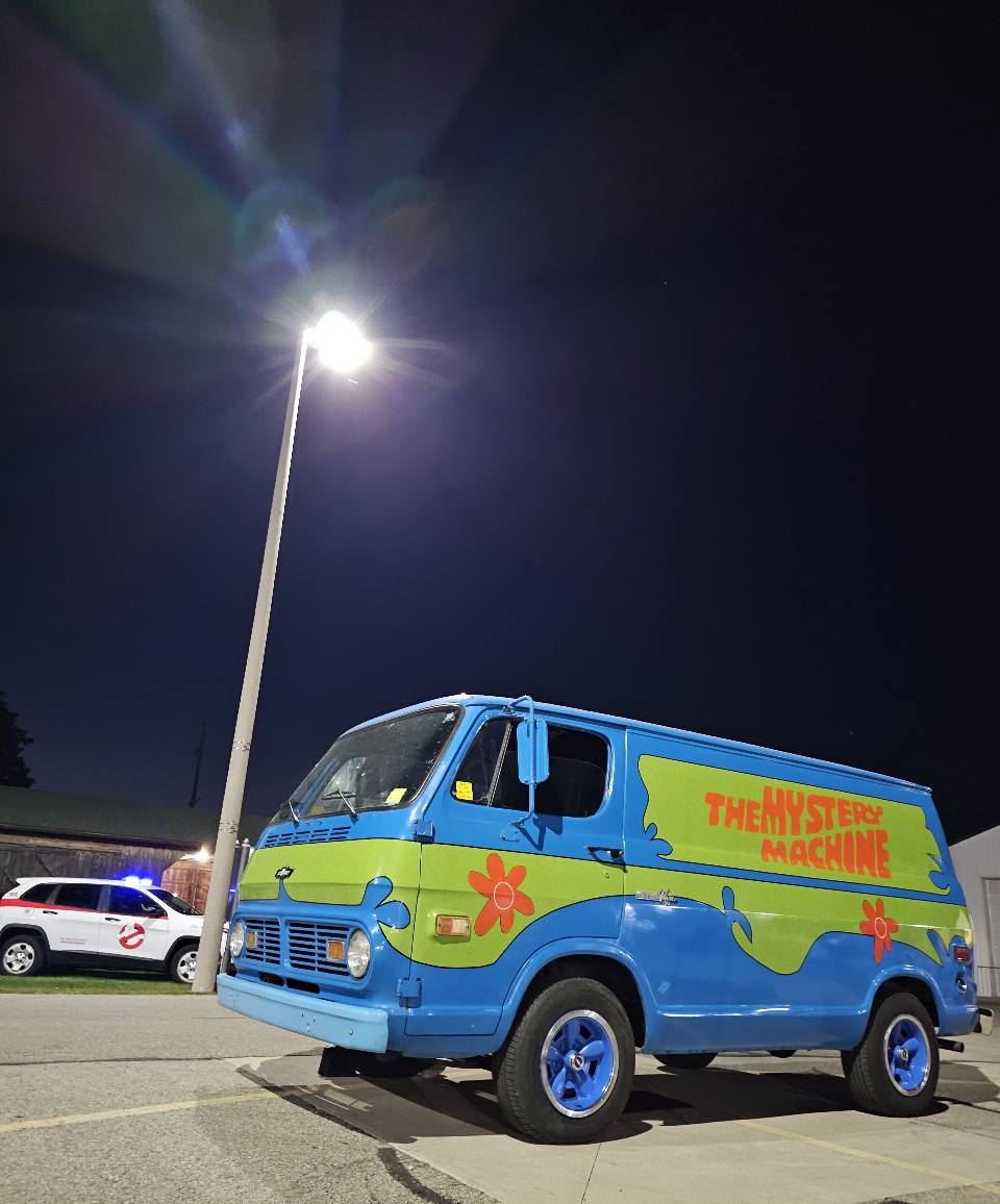 The Mystery Machine van at night